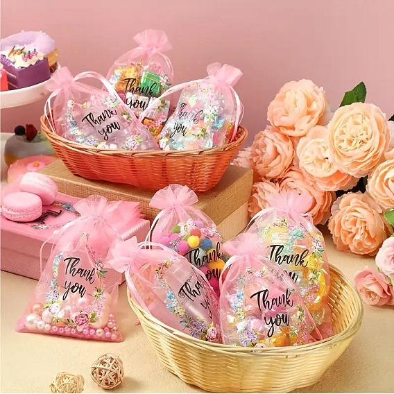 Прямоугольные сумки из органзы на шнурке, подарочные пакеты с принтом для хранения слов «спасибо» и цветком