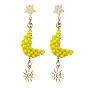 Glass Seed Beaded Dangle Stud Earrings for Women, Moon with Sun and Star, Golden