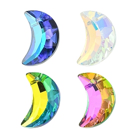 4Pcs 4 Colors Electroplated Glass Pendants, Silver Plated Bottom, Faceted, Crescent Moon Charms