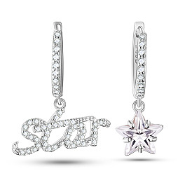 925 Sterling Silver Huggie Hoop Earrings, Asymmetrical Earrings, with Clear Grade AAA Cubic Zirconia, Word Star
