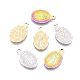 Ion Plating(IP) 304 Stainless Steel Charms, Laser Cut, Oval with Virgin Mary