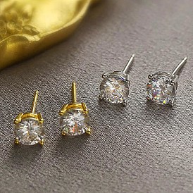 Rhodium Plated 925 Sterling Silver Stud Earrings, with Cubic Zirconia, Diamond