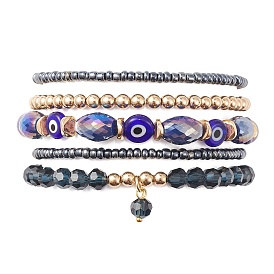 5Pcs 5 Style Glass & Lampwork Evil Eye Stretch Bracelets Set, Stackable Bracelet with Round Charms