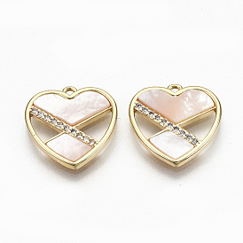 Brass Micro Pave Clear Cubic Zirconia Charms, with Shell, Nickel Free, Real 18K Gold Plated, Heart