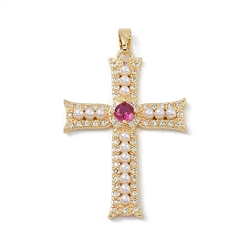 Rack Plating Brass Pendant, with Cubic Zirconia and Imitation Pearl, Lead Free & Cadmium Free, Long-Lasting Plated, Cross