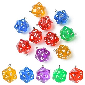 Opaque Acrylic Pendants, with Platinum Plated Iron Findings, Faceted, Polyhedral Dice, D20