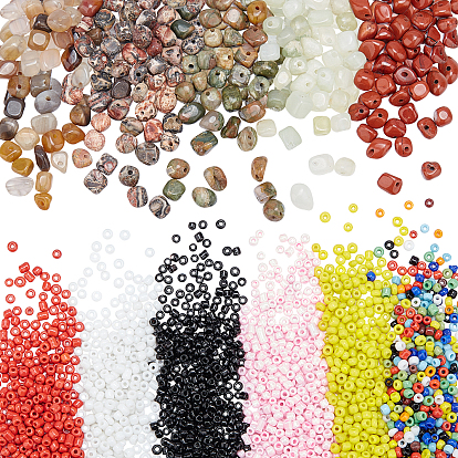 3600Pcs 6 Colors Glass Seed Beads and 200Pcs 5 Style Natural Mixed Gemstone Beads