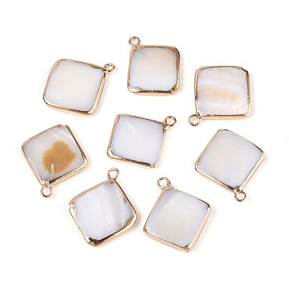 Natural Freshwater Shell Pendants, with Edge Brass Golden Plated and Iron Loops, Rhombus