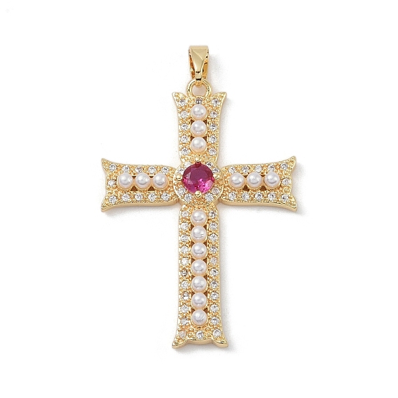 Стойки обшивки латунь кулон, с фианитами и имитация жемчуга, без свинца и без кадмия, долговечный, крестик