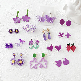 Purple Flower Earrings Girl Love Silver Needle Earrings Summer Simple Ear Clip Acrylic Ear Jewelry