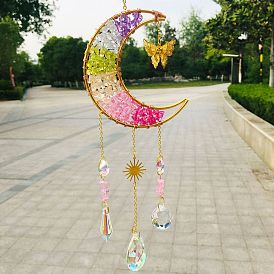 Colorful Glass Chip Wrapped Metal Moon Hanging Ornaments, Glass Tassel Suncatchers for Home Outdoor Decoration
