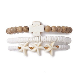3 pcs 3 styles croix ronde bois et disque coquillage perles ensembles de bracelets extensibles, Bracelets tressés en perles synthétiques turquoise, étoile de mer d'été, réglables, empilables, pour femmes et hommes