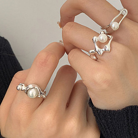 Sweet and cool stacked pearl ring women's fashion niche design sense opening ring line double index finger ring tide