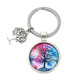 Alloy Glass Keychains, with 304 Stainless Steel Keychain Clasps, Flat Round