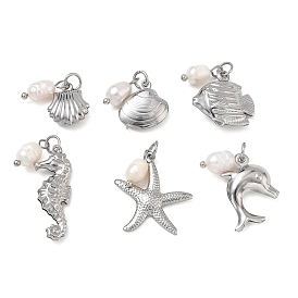 Animales marinos 304 Colgantes de acero inoxidable y perlas naturales de agua dulce, encantos de formas mixtas, blanco