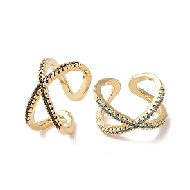 Cubic Zirconia Criss Cross Open Cuff Ring, Golden Brass Jewelry for Women