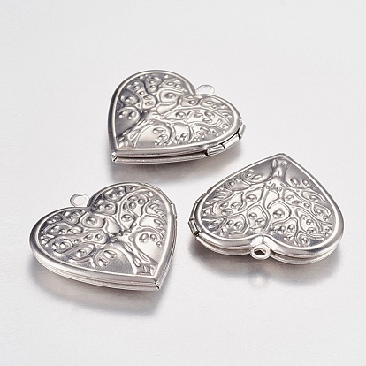 316 Stainless Steel Locket Pendants, Photo Frame Charms for Necklaces, Heart with Tree of Life