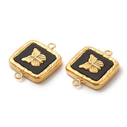 Vacuum Plating 304 Stainless Steel Connector Charms, with Black Acrylic, Square with Butterfly