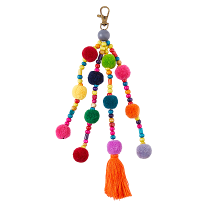 Полиэстер и деревянные бусины, помпоны, кисточки, подвески, украшения., Сплав с застежками, для украшения сумки