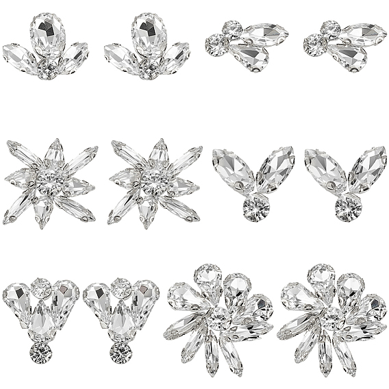 12pcs 6 styles cabochons en verre en alliage, fleur, pour accessoires de vêtement, platine