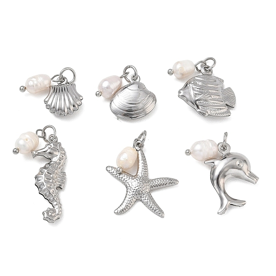 Animales marinos 304 Colgantes de acero inoxidable y perlas naturales de agua dulce, encantos de formas mixtas, blanco