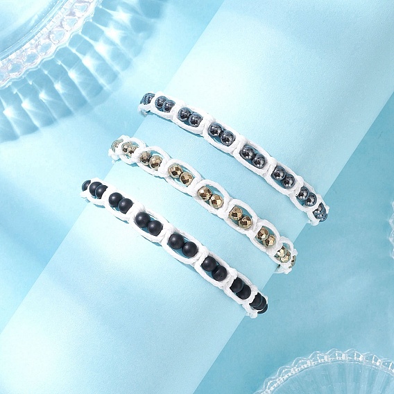 3 Браслеты из круглых бусин, плетеные из натурального окрашенного черного агата и немагнитного синтетического гематита для мужчин и женщин