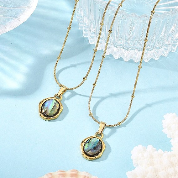 Colgante ovalado irregular de resina epoxi con concha de paua natural 304 Collares de cadena de serpiente de acero inoxidable para mujer