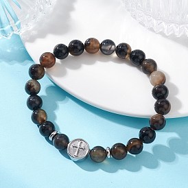 Круглые натуральные черные ониксовые бусины, эластичные браслеты, 304 Плоское круглое украшение из нержавеющей стали с крестообразными бусинами для женщин