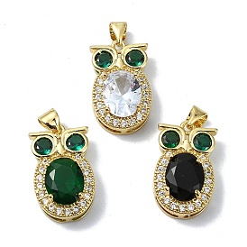 Rack Plating Real 18K Gold Plated Brass Micro Pave Cubic Zirconia Pendants, with Glass, Long-Lasting Plated, Lead Free & Cadmium Free, Owl