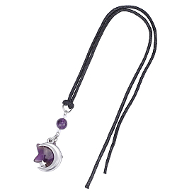 Étoile en améthyste naturelle et pendentif lune en acier inoxydable pour voiture, avec des cordons de coton ciré