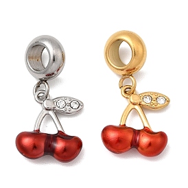 304 европейские подвески-шармы с фруктами из нержавеющей стали с красной эмалью, подвески вишневые с большим отверстием и хрустальными стразами, ионное покрытие (ip)