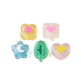 Translucent Resin Decoden Cabochons, with Glitter Powder, Flower & Leaf & Heart, Mixed Shpaes