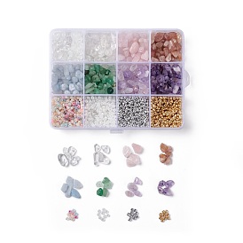 Kit de fabrication de bijoux en perles de bricolage, Inclure des perles de rocaille en verre et du cristal de quartz naturel, quartz rose, quartz de fraise, aventurine verte, améthyste, perles de copeaux d'aigue-marine naturelles teintes
