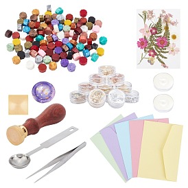 CRASPIRE Sealing Wax Particles, with Candle, UV Gel Nail Art Tinfoil, Paper Envelopes, Stainless Steel Spoon & Tweezers, Wood Handle, Brass Blank Stamp Head and 3D Dried Flowers Nail Art Decorations