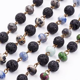Chaînes rondes faites à la main de perles de pierre gemme naturelles pour la fabrication de bracelets de colliers, non soudée, avec épingle à oeil en fer