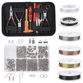PandaHall Elite 826Pieces DIY Jewelry Kits, Including Elastic Crystal, Copper Wire, Stainless Steel Jump Rings & Pins & Cord Ends & Earring Hooks, Alloy Lobster Claw Clasps, Jewelry Tool Sets