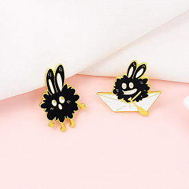 Adorable Cartoon Brooch Pin for Fashionable Boat Chase Fun with Long-Eared Little Black and Big Brother