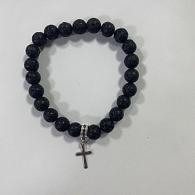 304 bracelets de charme de croix en acier inoxydable, bracelets extensibles en perles rondes de pierres précieuses naturelles et synthétiques pour femmes