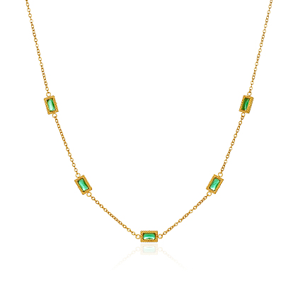 Elegantes collares de eslabones rectangulares de acero inoxidable con circonitas cúbicas verdes para mujer.