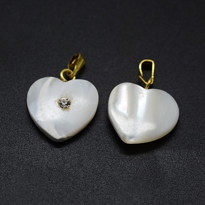 Shell Pendants, with Brass Findings and Rhinestone, Heart, Crystal