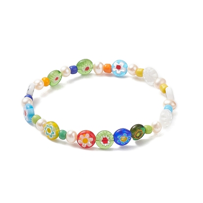 2Pcs 2 Style Natural Pearl & Lampwork Flower & Glass Seed Beaded Stretch Bracelets Set for Women