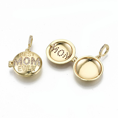 Brass Micro Pave Clear Cubic Zirconia Locket Pendants, Photo Frame Charms for Necklaces, Nickel Free, Flat Round with Word Best Mom Ever, for Mother's Day
