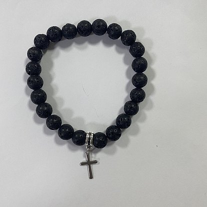 304 bracelets de charme de croix en acier inoxydable, bracelets extensibles en perles rondes de pierres précieuses naturelles et synthétiques pour femmes