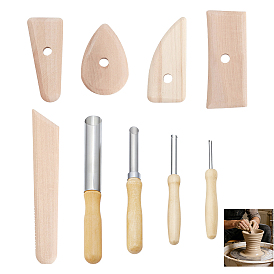 4 piezas 304 herramienta perforadora de acero inoxidable, con mango de madera, herramientas de escultura para manualidades de bricolaje, con 5piezas de herramienta de madera para tallar arcilla y cerámica con forma de mazo curvo