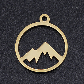 Ion Plating(IP) 201 Stainless Steel Pendants, Laser Cut, Ring with Mountain Charm
