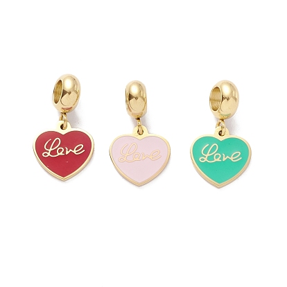 304 Stainless Steel European Dangle Charms, Large Hole Pendants, with Enamel, Heart & Word Love