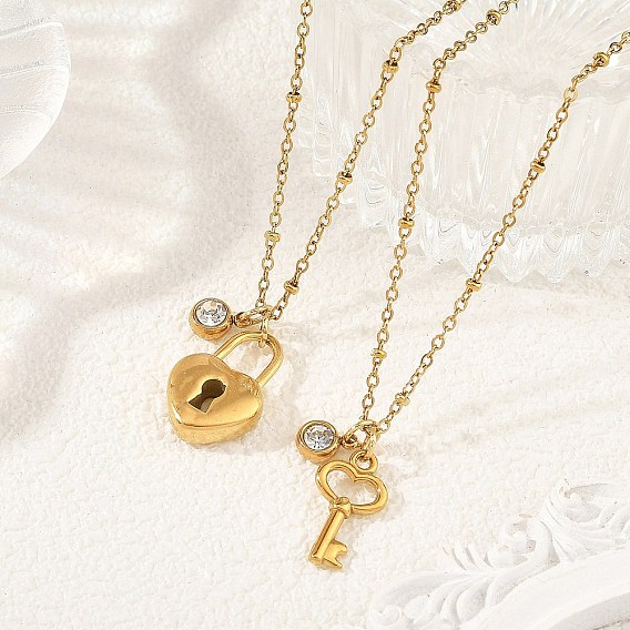 2Pcs 2 Styles 304 Stainless Steel Pendant Satellite Chain Necklaces, Heart Key & Lock