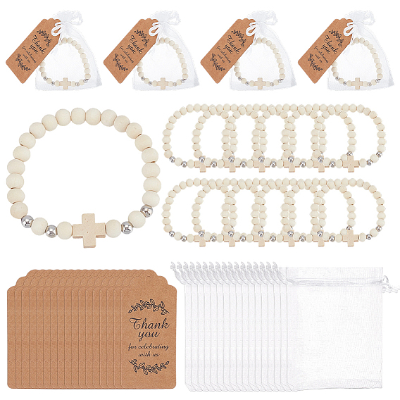 24шт. круглых деревянных браслетов с бусинами, эластичных, с 24шт. подарочные бирки из крафт-бумаги, 24 подарочные пакеты из органзы