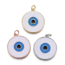 Brass Enamel Pendants, with Jump Rings, Long-Lasting Plated, Flat Round with Evil Eye