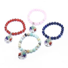 Natural Gemstone Stretch Charm Bracelets, with Alloy Pendants, Flat Round with Tree